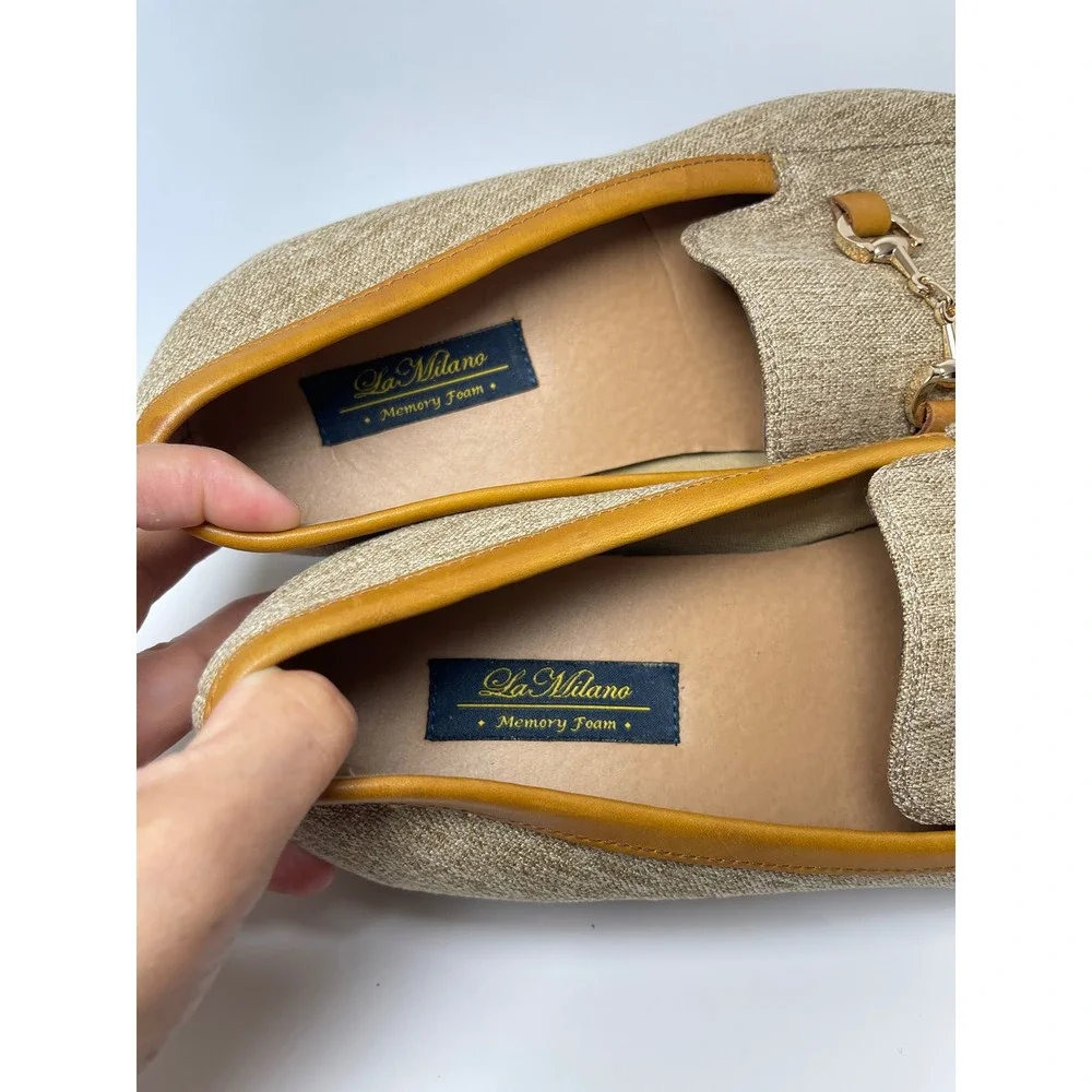 La Milano Mens Bit Loafers Beige Lenox Tan Leather Trim Memory Foam Size 13
